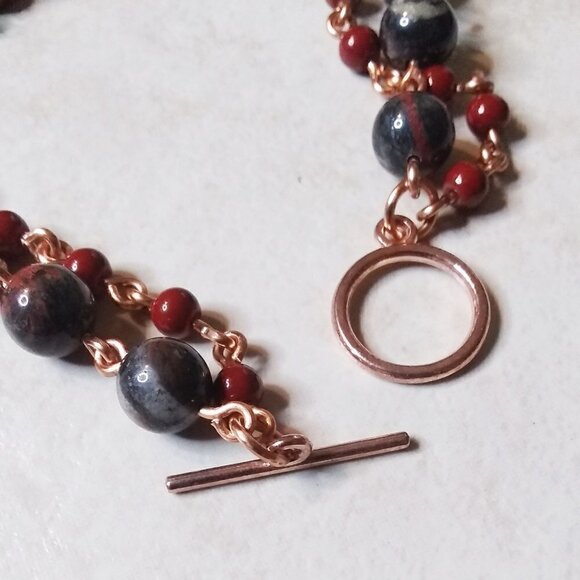 Bloodstone + Agate + Red Jasper ~ Handmade 2 Strand Layer Bracelet for 8" Wrist - Picture 4 of 9